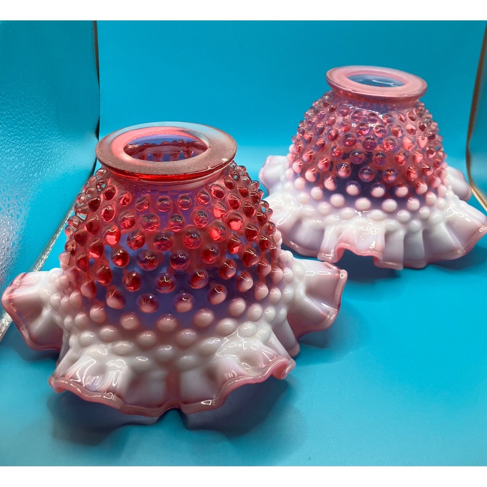Fenton Lamp Shades Set of 2 Pink Cranberry Opalescent Hobnail Ruffled 2in Fitter
